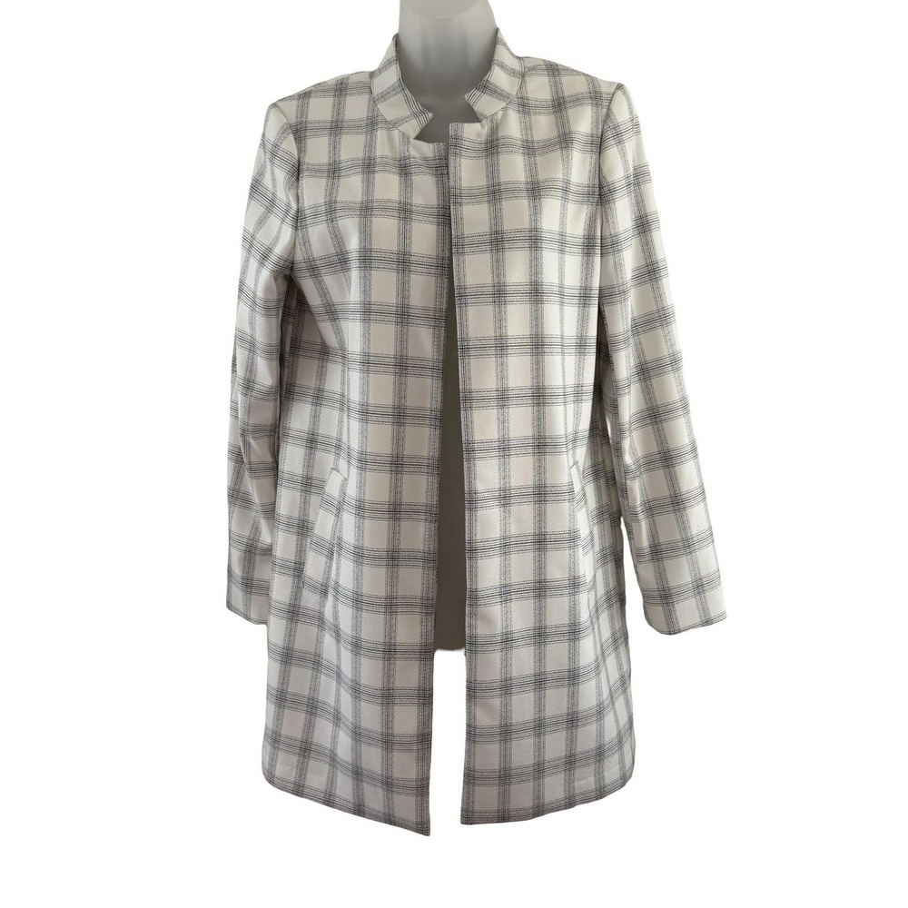 Carolina Belle Coat Womens Medium White Plaid Crepe Open Front Overcoat Minimal - Picture 2 of 16
